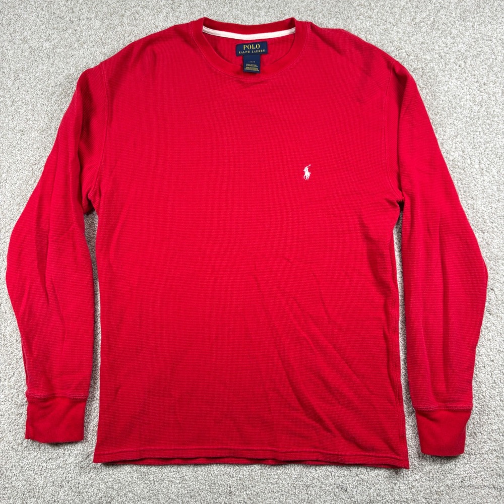 Polo Ralph Lauren Waffle Knit Thermal Men Large Red Long Sleeve Pony Logo - Picture 2 of 7